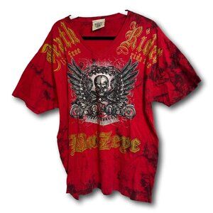 Mens Retro 90's BulzEye Biker Rally Graphic Tee Red Tie-Dye Skull Wing Size: XXL